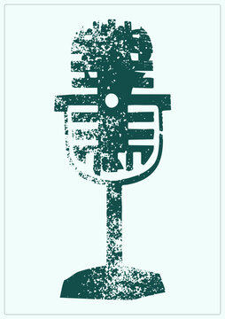 Retro broadcast mic, aka the old "bug" or "ribbon mike", in distressed stencil style with speckled grunge texture. This classic vocal mic silhouette suits podcast and music branding with its worn in