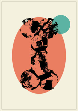 Grunge capital letter I in distressed black ink on a oval with teal circle accent. Textured stencil letterform for vintage typography and retro posters.