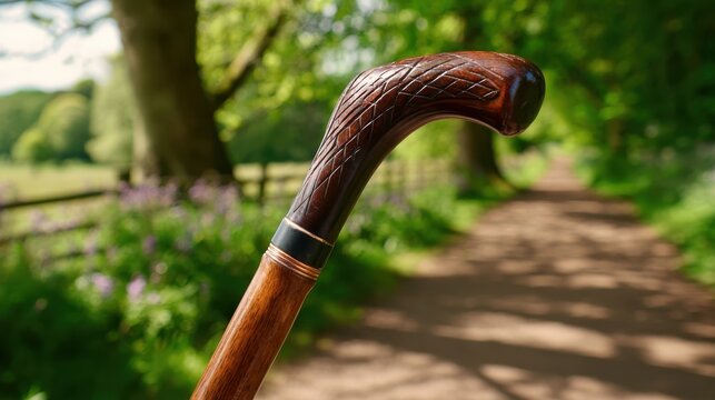 Polished wooden walking stick with a deeply carved handle, set against a blurred outdoor natural path background