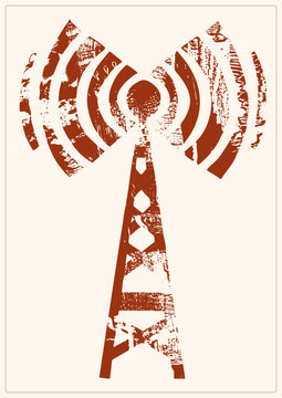 Weathered radio mast beams distressed broadcast waves in vintage stencil style. Rust red linocut texture gives this telecom symbol a bold, retro print feel.