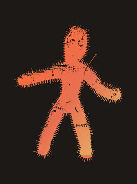 Spooky poppet doll pierced by a pin, rag doll folk charm rendered in grunge stencil vector style. The witchcraft effigy glows in fiery orange gradient tones on transparent background.