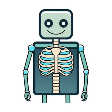 Cute robot character with internal x-ray showing a human ribcage and skeleton spine illustration