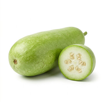 Whole calabash gourd and a cross-section slice showing internal seeds on a plain white background