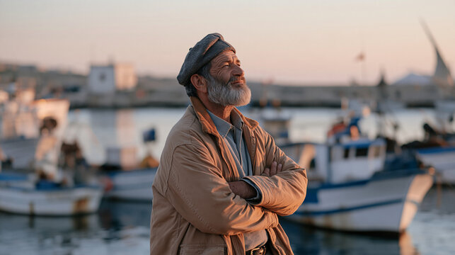 A Sicilian fisherman listening closely at a harbor for engine sounds at last light, the final glow reflecting off the water in a quiet rural process scene of the morning meal prep