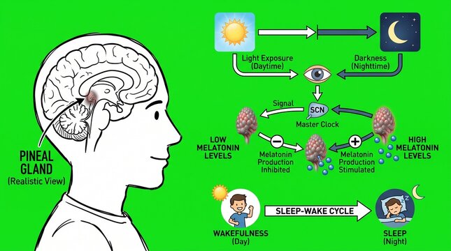 Educational diagram showing pineal gland melatonin secretion and sleep cycle