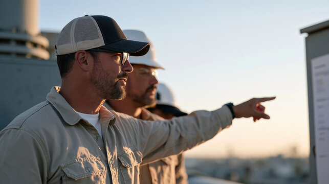 Pipeline inspection technician teaching a newcomer patiently as the last daylight fades over an urban backdrop, a visual ADHD executive function schedule pinned to the pipe access