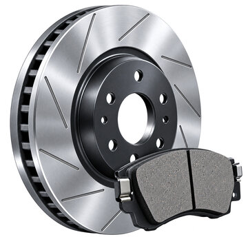 Ventilated Automotive Cast Iron Brake Disc Rotor and Pad on Transparent Background PNG