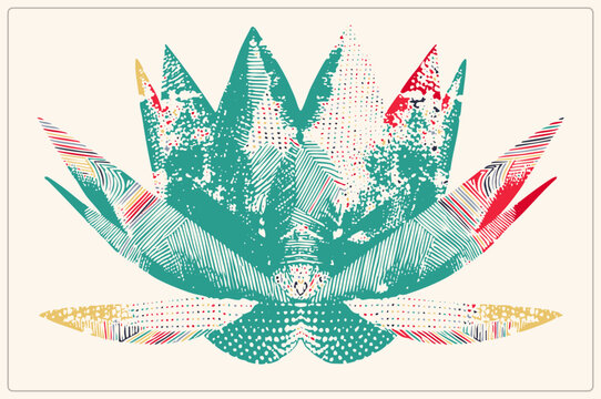 Stylized water lily, also called padma or sacred lotus, rendered in flat vector with dotted, hatched and grunge textures. Teal petals accented in crimson and mustard evoke a folk art boho mood.