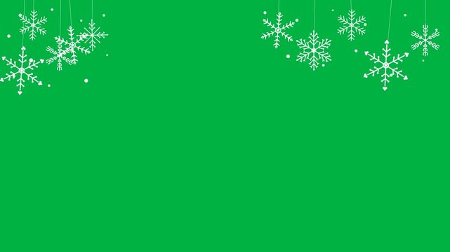 Hanging white snowflakes border on green screen background for Christmas winter holiday video editing and design