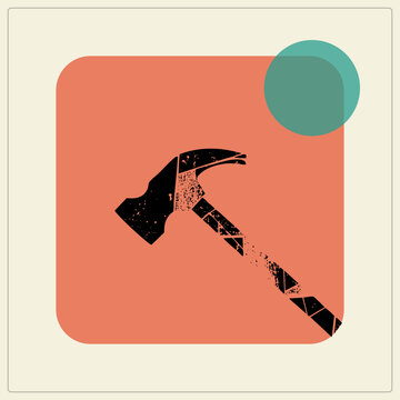 "Distressed black hatchet (tomahawk/chopper) in grunge stencil style on rounded square with teal circle accent. Retro flat graphic for tool and carpentry themes."