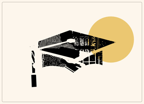 "A distressed mortarboard with dangling tassel in gritty black ink texture on a bold disc. The grad cap blends halftone and stamped grunge strokes."