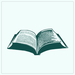 Fototapeta premium Old tome lies open, its open book pages rendered in scratchy woodcut. This classic readers volume, a tome and page turner, evokes study and storytelling in green ink.