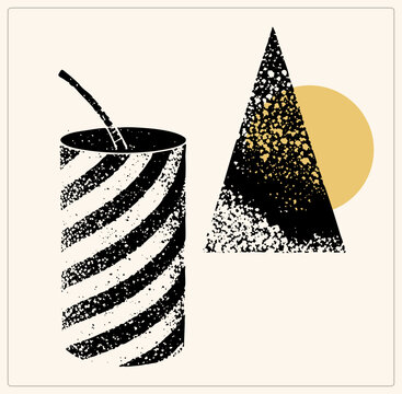 Distressed birthday party hat and striped tumbler with straw, aka party cone and goody cup, in gritty stipple texture. Retro takeaway drink and celebration cap in black with mustard gold accent.