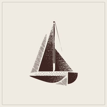 Rustic brown sailing dinghy with rough stippled and mast. This little sloop pairs hatched with distressed ink for a hand printed nautical feel.