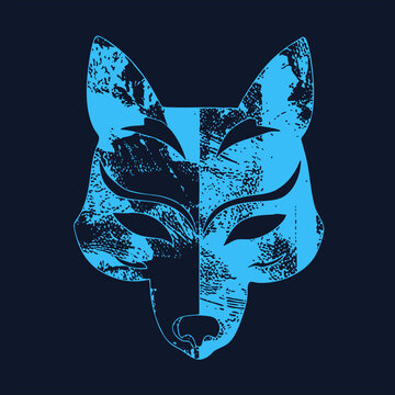 "A cunning fox head, or Reynard, in gritty halftone texture with split tone blue design. This wild, also known as a kitsune spirit, works great as an edgy mascot or emblem."