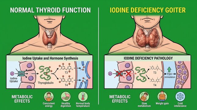 Medical illustration comparing normal thyroid function and iodine deficiency goiter