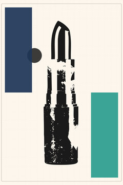 Distressed stencil style lipstick silhouette flanked by navy and teal blocks. This lippie, also called a lip bullet or lippy stick, blends grunge texture with vintage glam cosmetics design.