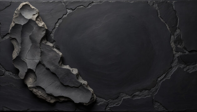 Macro abstract of dark textured stone circle framed with rugged organic borders