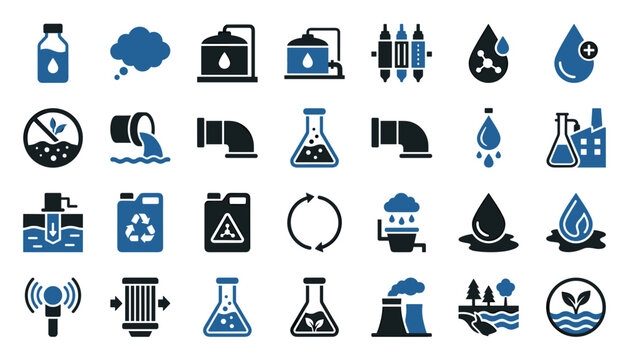  industrial chemistry plant and chemical manufacturing process icon set vector.