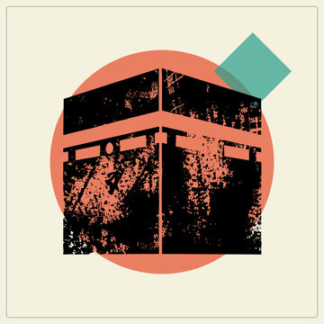 Distressed grunge depiction of the Holy Kaaba, the sacred House of Allah in Mecca, in bold stencil texture. Baitullah stands against a warm circular backdrop with geometric accents, evoking Hajj devot