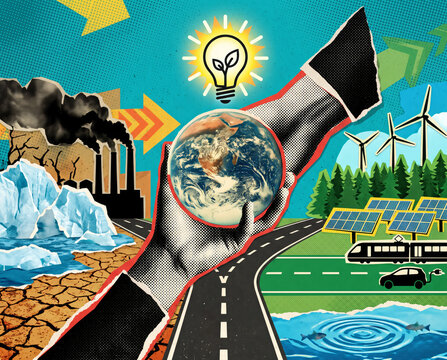 A retro pop-art style halftone illustration depicting humanity's choices amidst the climate crisis.