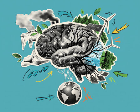 A surreal retro pop-art style collage depicting artificial intelligence collaboration.
