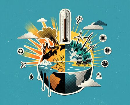 A halftone collage-style illustration blending retro pop art and flash art to convey global warming and climate change.