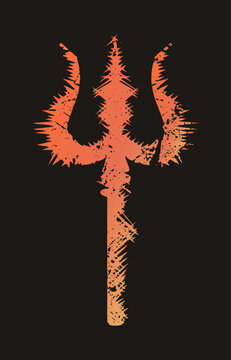 Weathered trishul, Shivas sacred trident, as a jagged grunge silhouette in fiery orange gradient. Devotional dangler symbol blending spiritual with distressed edge texture.