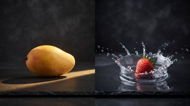 Fresh yellow mango with dramatic shadow, red strawberry splashing in water, dark moody food photography diptych