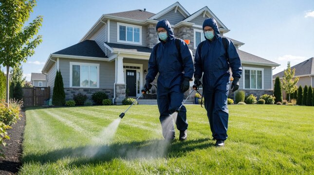 Two pest control workers in hazmat suits spray chemicals on suburban lawn in front of house. Wear masks, gloves, carrying backpacks, sprayers, to exterminate insects, ensure yard safety for residents.