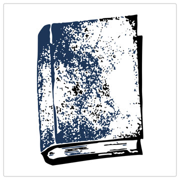 "Weathered hardcover tome in rough distressed linocut style with speckled ink texture. This grungy old codex suits literary themes with rustic two tone navy and black palette."