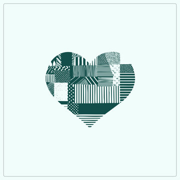 Folk heart, also called a sweetheart or heart emblem, made from patchwork squares of stripes, dots and squiggles. The hand drawn stencil style gives this valentine symbol quirky handmade charm.