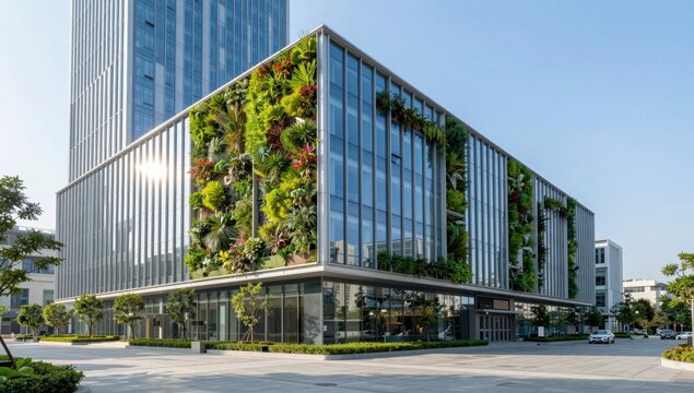 Modern sustainable office building featuring lush vertical gardens and greenery on facade, eco-friendly urban architecture with glass windows under clear blue sky in city center