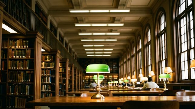 Stunning historic university library interior featuring wooden bookshelves filled with books and classic green lamps