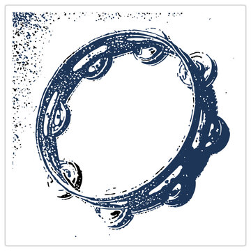 "A hand percussion jingle ring, also called a tambourine or pandereta, drawn in rough grunge stencil style. Navy blue ink texture and speckled spray give this folk rhythm instrument a worn, stamped pr