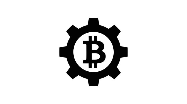 Vector illustration of bitcoin symbol inside a gear, representing cryptocurrency mining or technology on a transparent background
