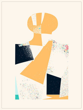 Stylized faceless mannequin bust of torn geometric shapes, speckled with confetti noise. This abstract everyman avatar blends flat orange, navy and cream in a mid century collage aesthetic.