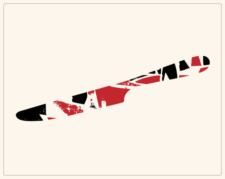 Grunge stencil distressed kitchen knife, blade and handle fragmented in red and black patches. Shank/carving knife shape works as bold cutout for culinary branding and edgy kitchen decor.