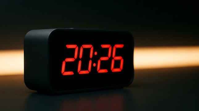 Digital alarm clock glowing with red led numbers showing evening time in dark room with modern interior atmosphere