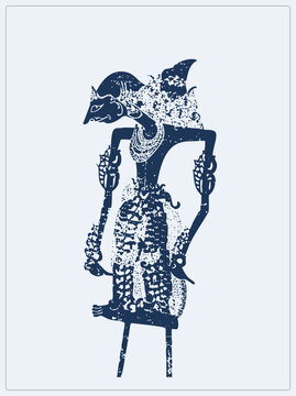 Traditional Javanese wayang kulit shadow puppet in deep navy, a dalang cutout with intricate batik its stylized body. The Indonesian leather puppet silhouette evokes heritage theater