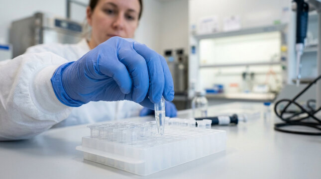 Scientist performs experiment with vials in laboratory, wearing blue gloves.