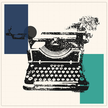 Grungy vintage typewriter in speckled stencil style, the classic writers "clacker" against bold navy and teal geometric shapes, evoking nostalgia for analog and old newsroom craft.