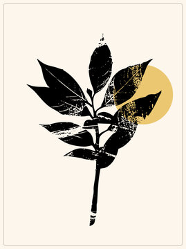 Grungy lino cut style leafy frond silhouette overlapping a warm ochre sun disc. Botanical print mood suits organic branding and earthy wall decor with textured stencil edges.