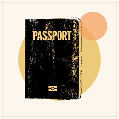 "Worn travel document in gritty stencil style, with speckled ink texture and bold cover lettering. Names like travel papers and identification booklet suit wanderlust and immigration themes." © Rysak