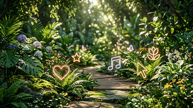 Y2k digital garden path with glowing neon heart and music icons