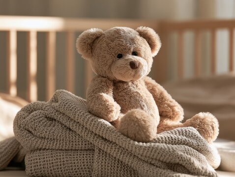 Soft light colored teddy bear sitting on cozy knitted blanket near wooden crib