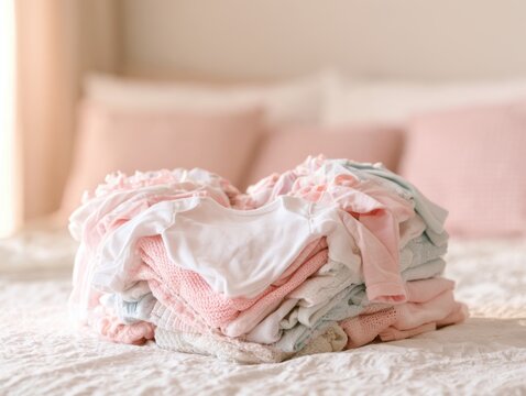 Soft Pastel Baby Clothes Stacked On Light Colored Bed