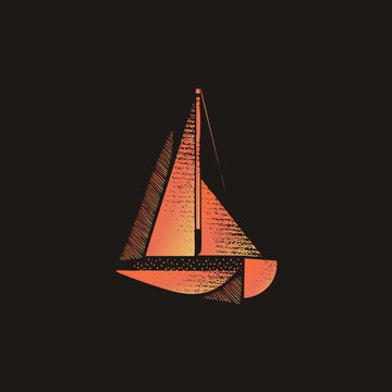 Vintage grunge sailboat illustration a yacht in warm orange gradient tones with stippled halftone texture. This sailer glyph suits nautical design projects.