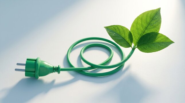 Green electric plug with coiled wire ending in three fresh green leaves on white background representing eco clean energy concept 