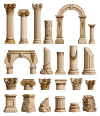 Obraz premium PNG of classical stone columns, arches, pedestals, ornamental ruins on transparent background